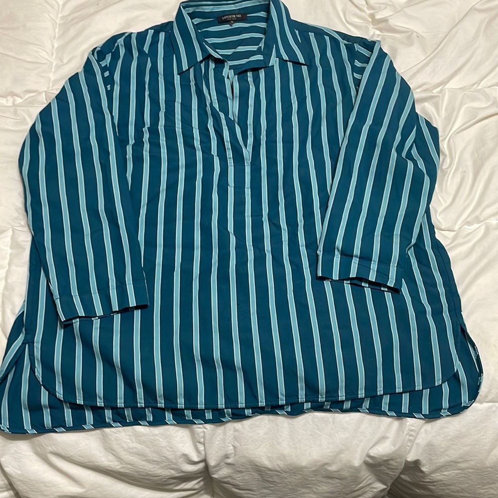 Lafayette 148 New York Blouse Top XL 16 green blue teal 3/4 sleeve work